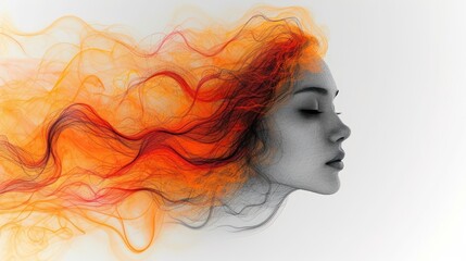 Wall Mural - a woman's face with an orange and red swirl on the side of her face and her hair blowing in the wind