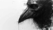  a black and white photo of a bird's head with a grungy look on it's face.