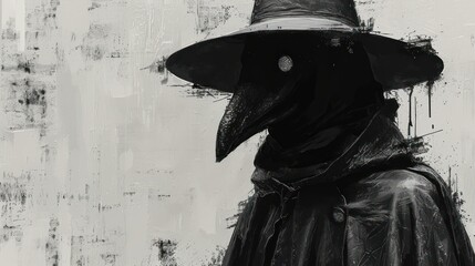 Canvas Print -  a black and white photo of a person wearing a black hat and a black leather coat and a black crow mask.