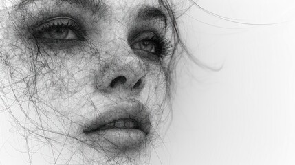 Canvas Print -  a black and white photo of a woman's face with a lot of hair on top of her face.