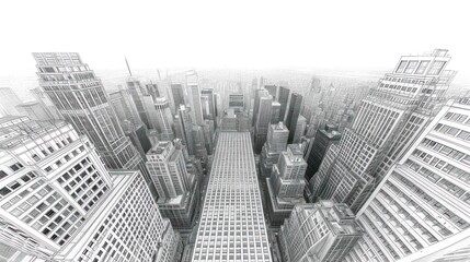 Wall Mural -  a pencil drawing of a cityscape with skyscrapers in the foreground and a bird's eye view of the city.