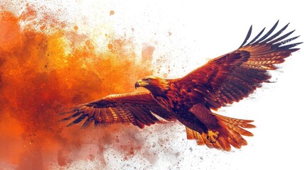 Wall Mural -  a bird of prey flying in front of a bright orange and yellow explosion of smoke and fire on a white background.