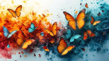 Wall Mural -  a group of orange and blue butterflies flying next to each other on a white and orange background with red and blue smoke.