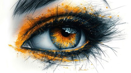 Canvas Print -  a close up of a person's eye with orange and black feathers on the outside of the iris of the eye.