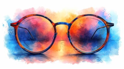 Canvas Print -  a pair of glasses sitting on top of a blue and orange background with the reflection of the glasses in the lens.