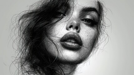 Wall Mural -  a black and white photo of a woman's face with frecks of hair blowing in the wind.