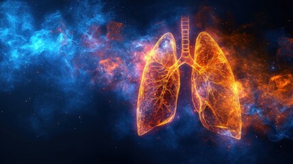 Sticker -  a computer generated image of a human lung in a blue and orange smoke filled sky with a film strip in the middle of the lunge.