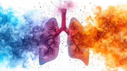 Poster -  a drawing of a human lungs with colored smoke coming out of the upper part of the lungs and the lower part of the upper part of the lungs.