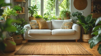 Wall Mural - Living room interior with orange sofa and plants on the windowsill.