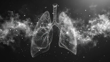 Poster -  a digital image of a lung in the middle of a black and white photo with smoke and stars in the background.