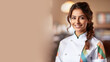 Indian woman in chef uniform smiling isolated on pastel background