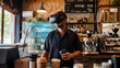 Photograph of one man in a coffee shop wearing a VR headset.