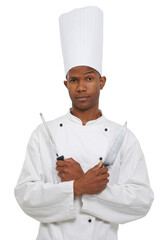 Wall Mural - Black man, chef and portrait with knife sharpener in studio isolated on a white background. Face, cooking professional or blade, metal steel tool or utensil for serious catering service in restaurant