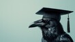 Closeup raven in a graduate hat on neutral light blue background with black tassel