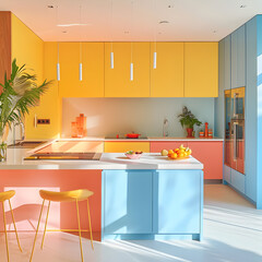 Modern colorful kitchen, pastel colors, bright interior, sunlight. 3d render.