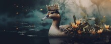 Duck In A Crown On Blurred Background With Flowers. Cute And Funny Duckling King Or Prince Duck. Happy Easter Concept