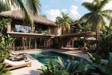Wall Mural - Tropical house exterior with a thatched roof, wooden accents, and a luxurious pool area surrounded by palm trees.