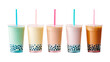 Commercial photography. variety of bobba bubble milk tea in transparent plastic cups png standing in a line isolated on flat pastel background. Ai Generated