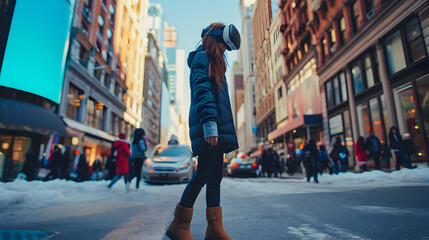 Wall Mural - Photograph of one woman walking on the street wearing a VR headset.