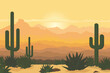 Desert landscape. Beautiful Wild West landscape with cacti and bushes against the backdrop of sandy mountains and hills at sunset. Vector illustration in flat style.