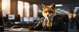 Fototapeta  - Business Fox wearing suits in an office, seated in front of a commanding monitor