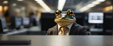 Business Frog Buying Stocks Wearing Suits In An Office, Seated In Front Of A Commanding Monitor