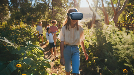 Wall Mural - Photograph of one woman walking with a children wearing a VR headset.