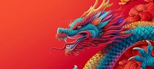 Chinese Dragon Illustration With A Kaleidoscope Of Scales And A Fierce Expression, Set Against Traditional Cloud Motifs On A Red Backdrop.