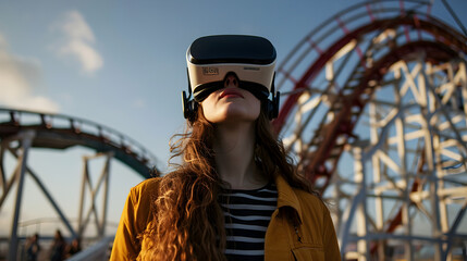 Wall Mural - Photograph of one woman at a rollercoaster wearing a VR headset.