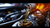 Fototapeta  - Pouring quality oil into the engine during a maintenance refill. Refilling vehicle transmission or gear with oil. Machine maintenance concept.