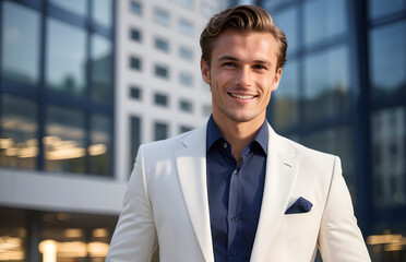 Young successful confident smiling businessman against defocused office buildings background