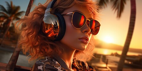 Wall Mural - A girl at a summer sunset beach party, sporting oversized headphones and stylish sunglasses, exuding a disco vibe.