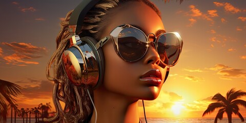 Wall Mural - A girl at a summer sunset beach party, sporting oversized headphones and stylish sunglasses, exuding a disco vibe.