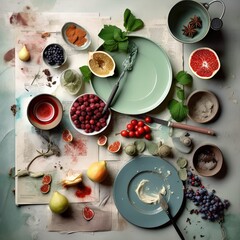 Sticker - A table topped with plates and bowls filled with fruit