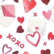© lunata - Watercolor seamless pattern with cute pink hearts and envelopes on a pink background. Romantic print for Valentines day