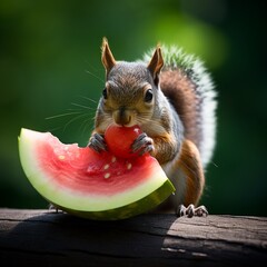 Squirrel watermelon eating time image Generative AI