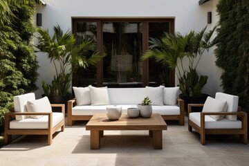 Wall Mural -  Minimalist outdoor patio with comfortable seating and natural greenery