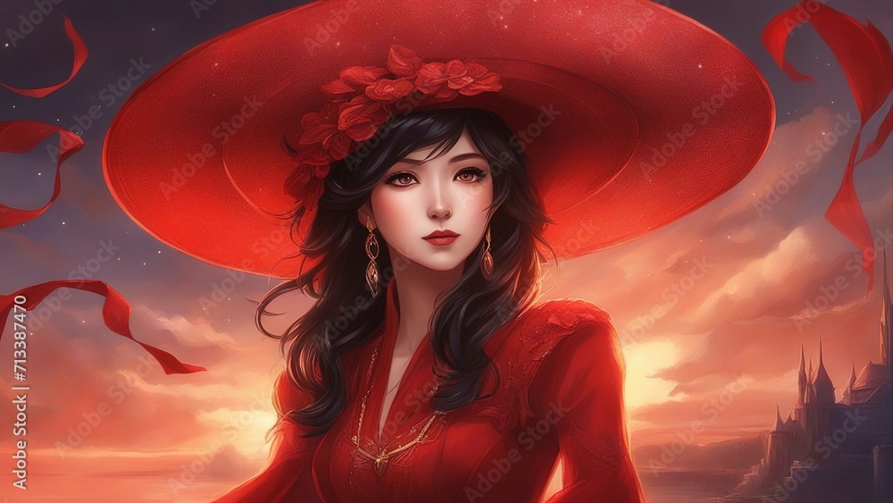portrait of a girl in a red dress anime A woman in a red dress and a ...