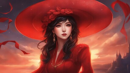 Wall Mural - portrait of a girl in a red dress anime     A woman in a red dress and a hat, posing  . She has straight black hair and brown eyes, 