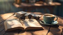 An Illustration Of A Pair Of Sunglasses Sitting On Two Books Next To A Cup Of Coffee On A Summers Day