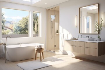 Canvas Print - Serene bathroom with minimalist fixtures, neutral colors, and ample natural light
