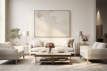 Canvas Print - Minimalist furniture arrangements, featuring a sofa and complementary chairs in muted tones