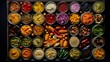 An overhead view of a colorful array of pickles and chutneys, highlighting the diverse flavors and textures in traditional Indian condiments -Generative Ai