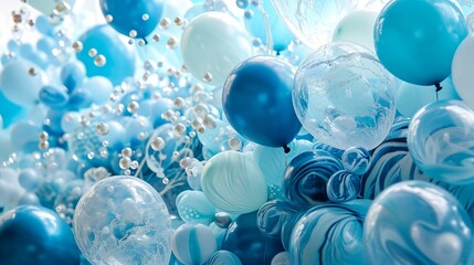 Wall Mural - Balloons in different shades of blue, resembling the ocean's hues, gently floating. Incorporate elements like faint seashell patterns in the background