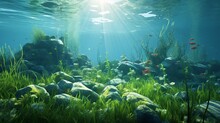 An Underwater Forest Of Swaying Seagrass, Home To A Variety Of Marine Life, Bathed In The Gentle Glow Of Sunlight Filtering Through The Water -Generative Ai