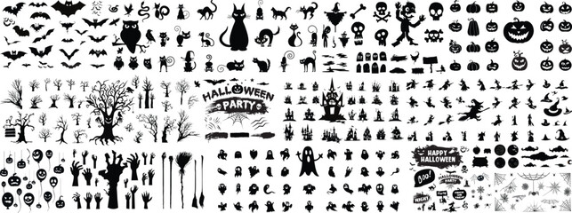 set of halloween silhouettes black icon and character. vector illustration. isolated on white backgr
