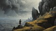 Dramatic painting that shows a mysterious steep mountain with a vast and inhospitable landscape adorned by gray clouds and a man dressed in a tunic contemplating. Generated by AI