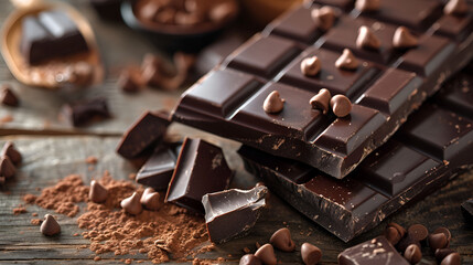 chocolate bars, milk chocolate slices and chocochips on a wooden bowl and a measuring cup. on a dark wooden background with copy space, top view angle (flatlay), blurry background . High quality photo