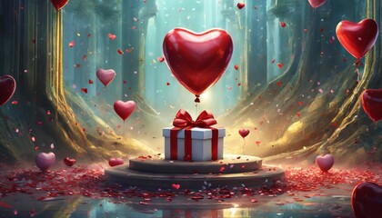 Wall Mural - happy valentines day podium decoration with heart shape balloon gift box confetti 3d rendering illus