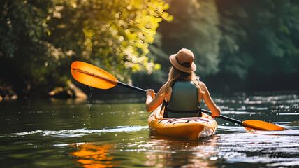 woman kayaking on a river on a nature trail in the forest